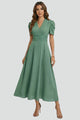 Women's pleated V-neck midi dress with short puff sleeves and gathered waist