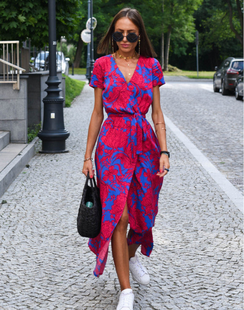 Immacolata floral wrap midi dress, v-neck, short sleeves
