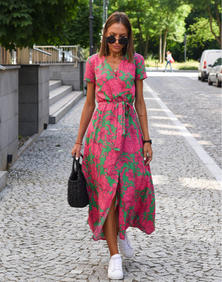 Immacolata floral wrap midi dress, v-neck, short sleeves