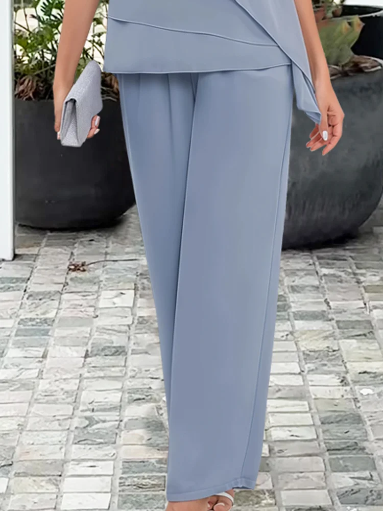 Women's two-piece set with layered short-sleeve top and wide-leg trousers