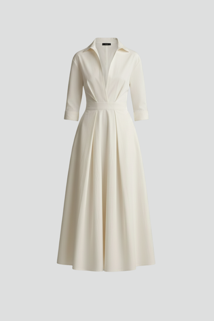 Women's collared midi dress with three-quarter sleeves, waistband and flared skirt