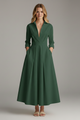 Women's collared midi dress with three-quarter sleeves, waistband and flared skirt