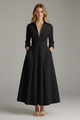 Women's collared midi dress with three-quarter sleeves, waistband and flared skirt