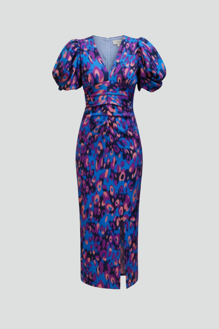 Women's printed V-neck midi dress with puff sleeves and ruched waist
