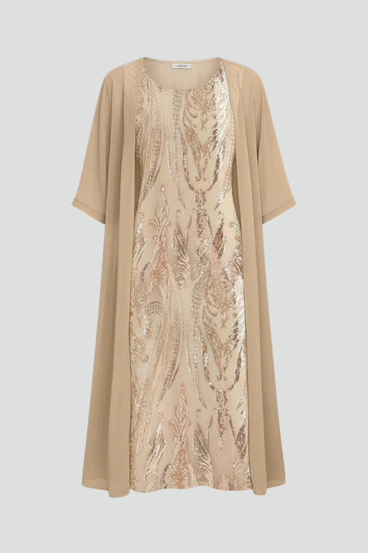 Women's round-neck midi dress with patterned front panel and short sleeves