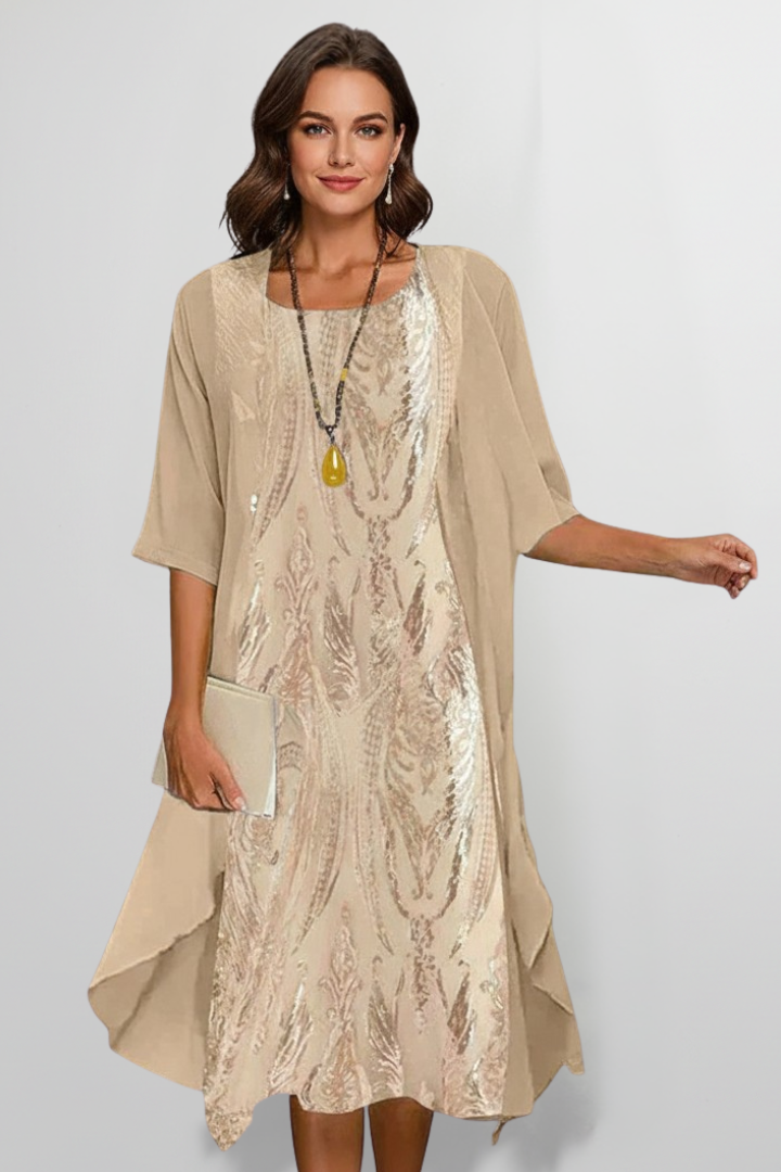 Women's round-neck midi dress with patterned front panel and short sleeves