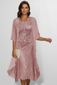 Women's round-neck midi dress with patterned front panel and short sleeves