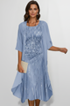 Women's round-neck midi dress with patterned front panel and short sleeves