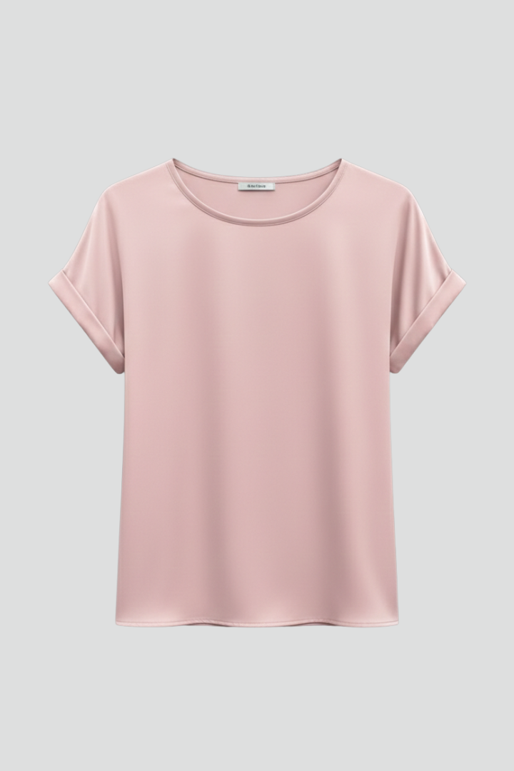 Women's plain round-neck top with rolled short sleeves