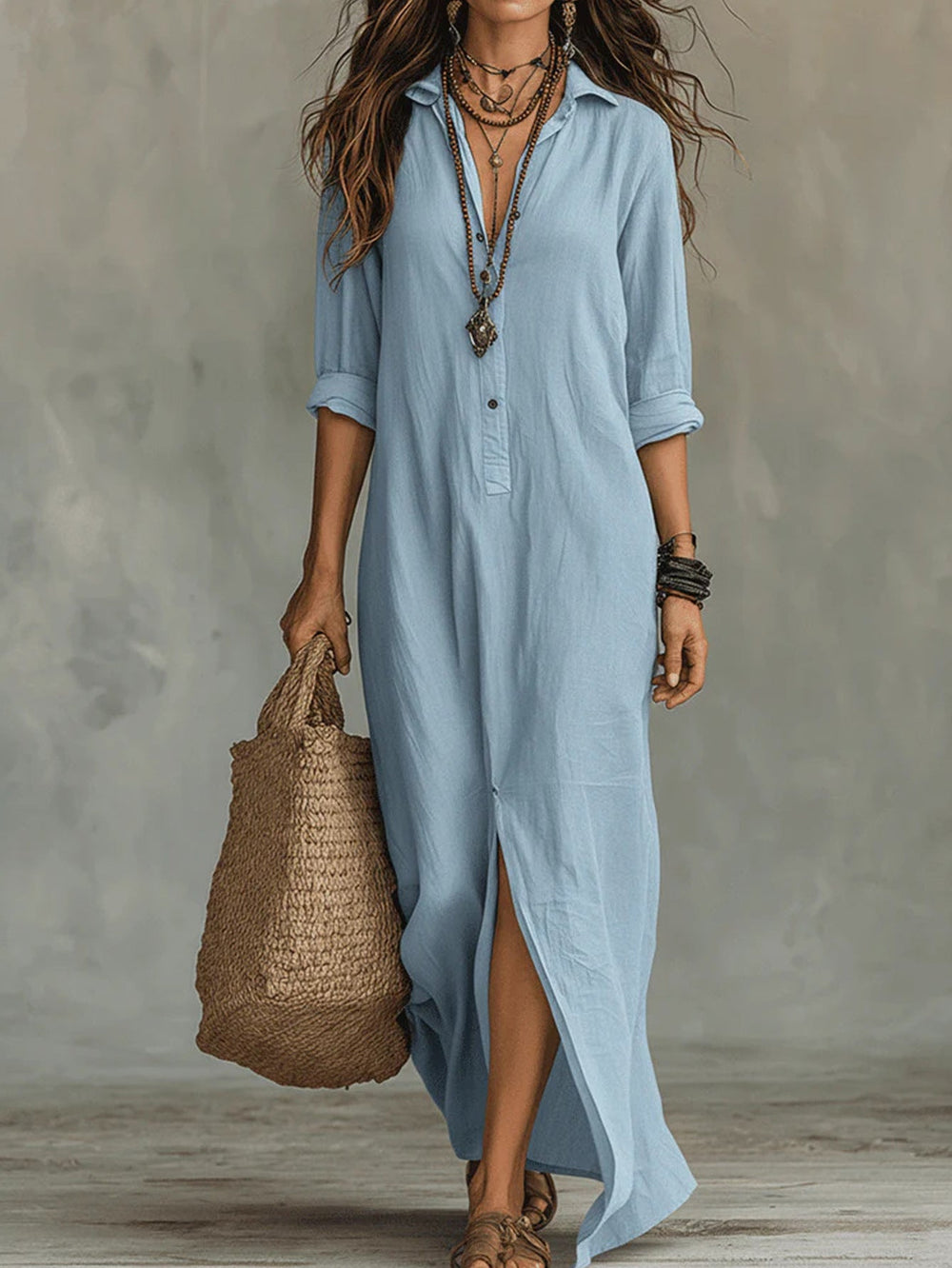 Nanette | Women's Cotton Shirt Maxi Dress, Long Sleeves, Front Slit