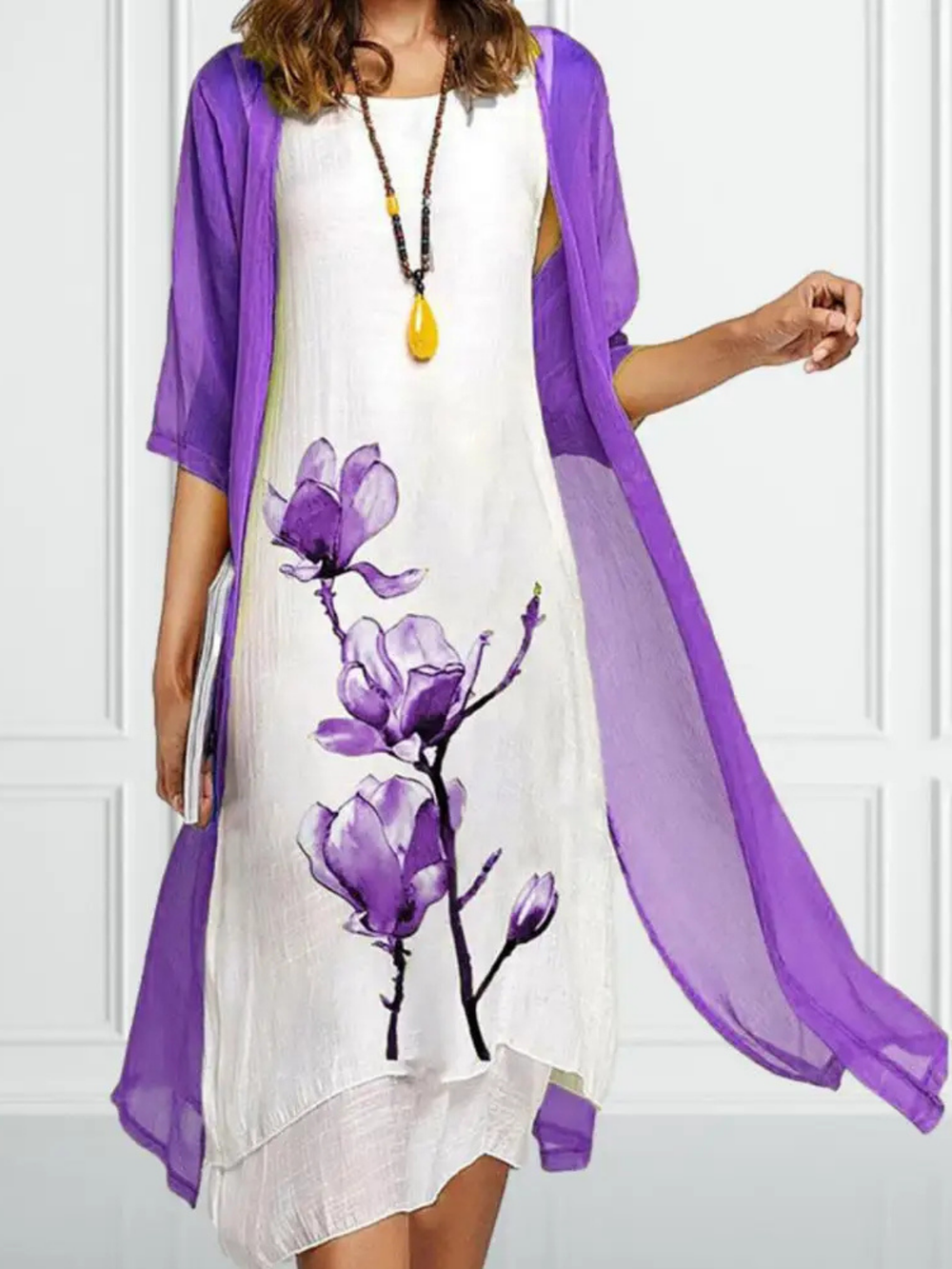 Yolande | Women's Linen Floral Midi Dress, Round Neck, Short Sleeves
