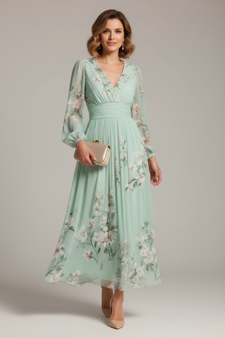 Women's floral V-neck midi dress with long sleeves and pleated skirt