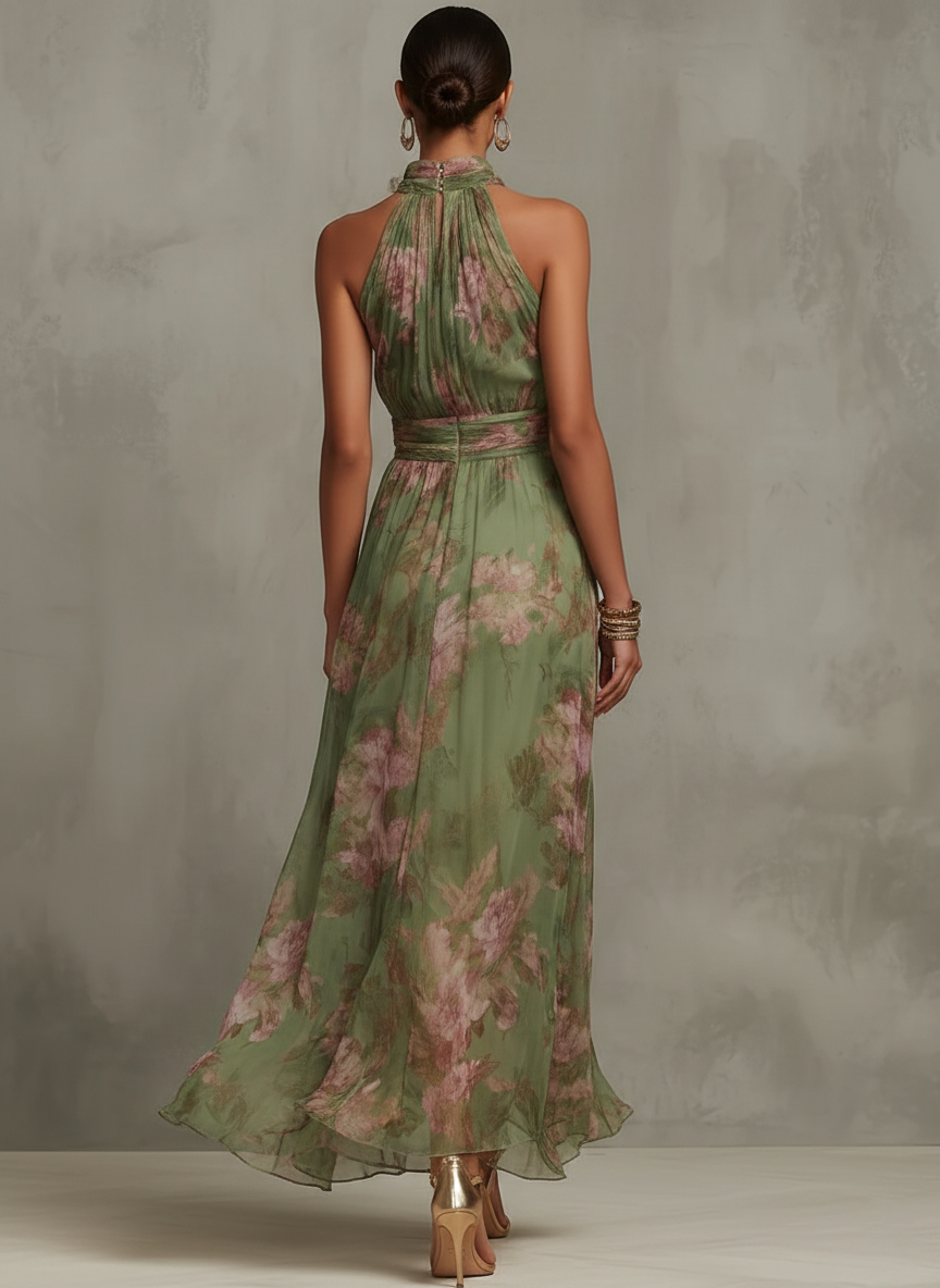 Women's floral halter maxi dress with waist tie and flowing skirt