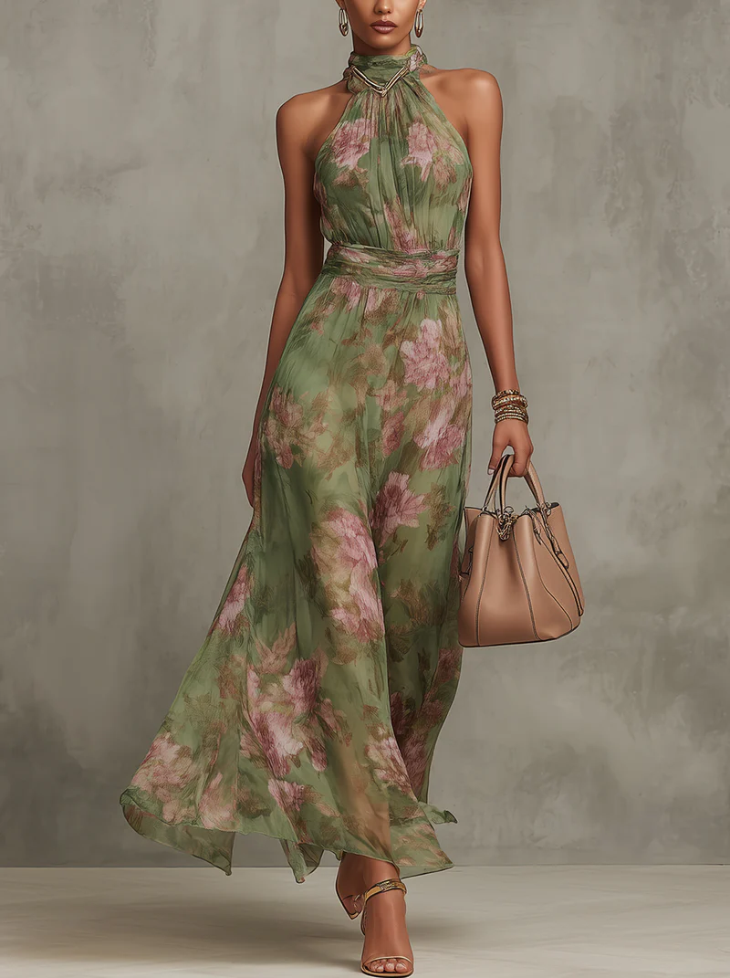 Women's green floral halter maxi dress with defined waist
