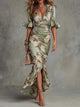 Women's green ruched floral maxi dress with front slit