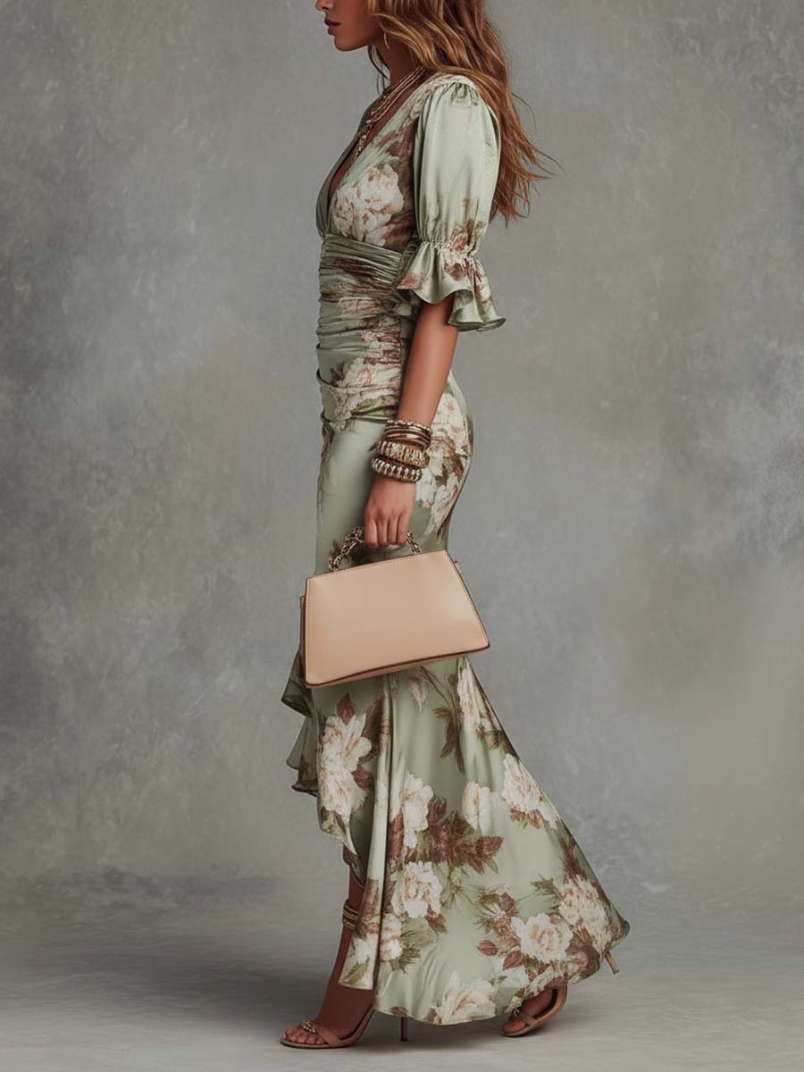 Women's green ruched floral maxi dress with front slit