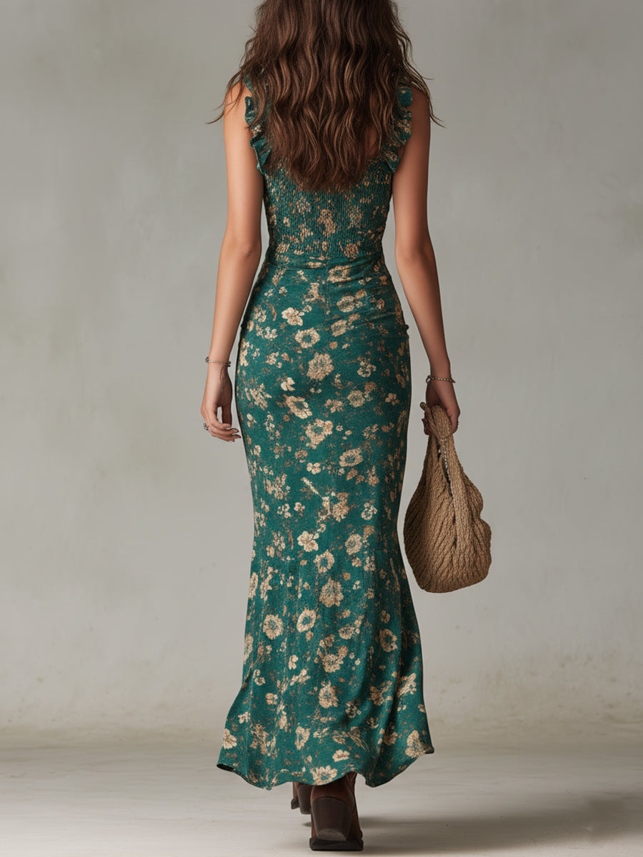 Anwen | Women's Floral A-Line Maxi Dress, Round Neck, Ruffled Sleeves, Side Slit