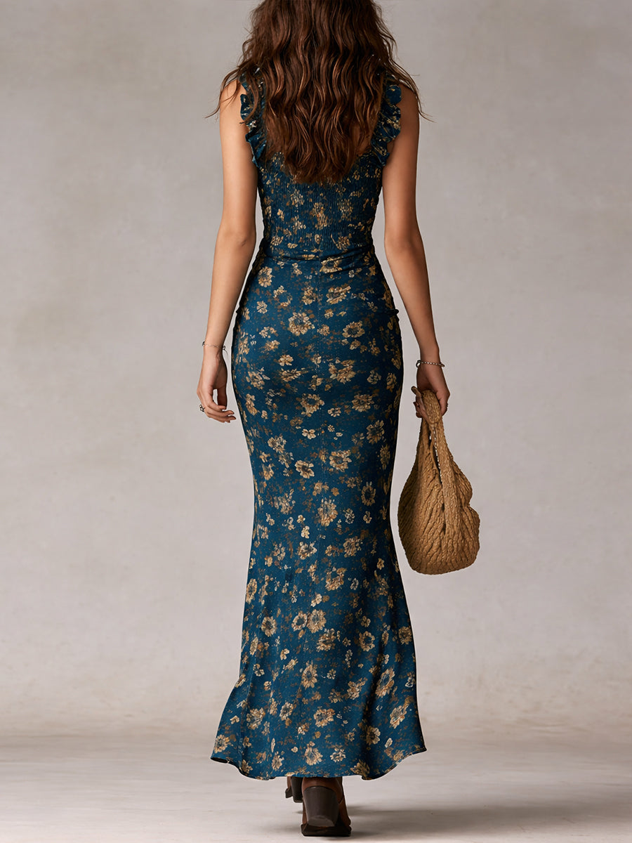 Anwen | Women's Floral A-Line Maxi Dress, Round Neck, Ruffled Sleeves, Side Slit