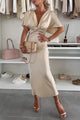 Women's Satin Maxi Dress, V-Neck, Short Sleeves