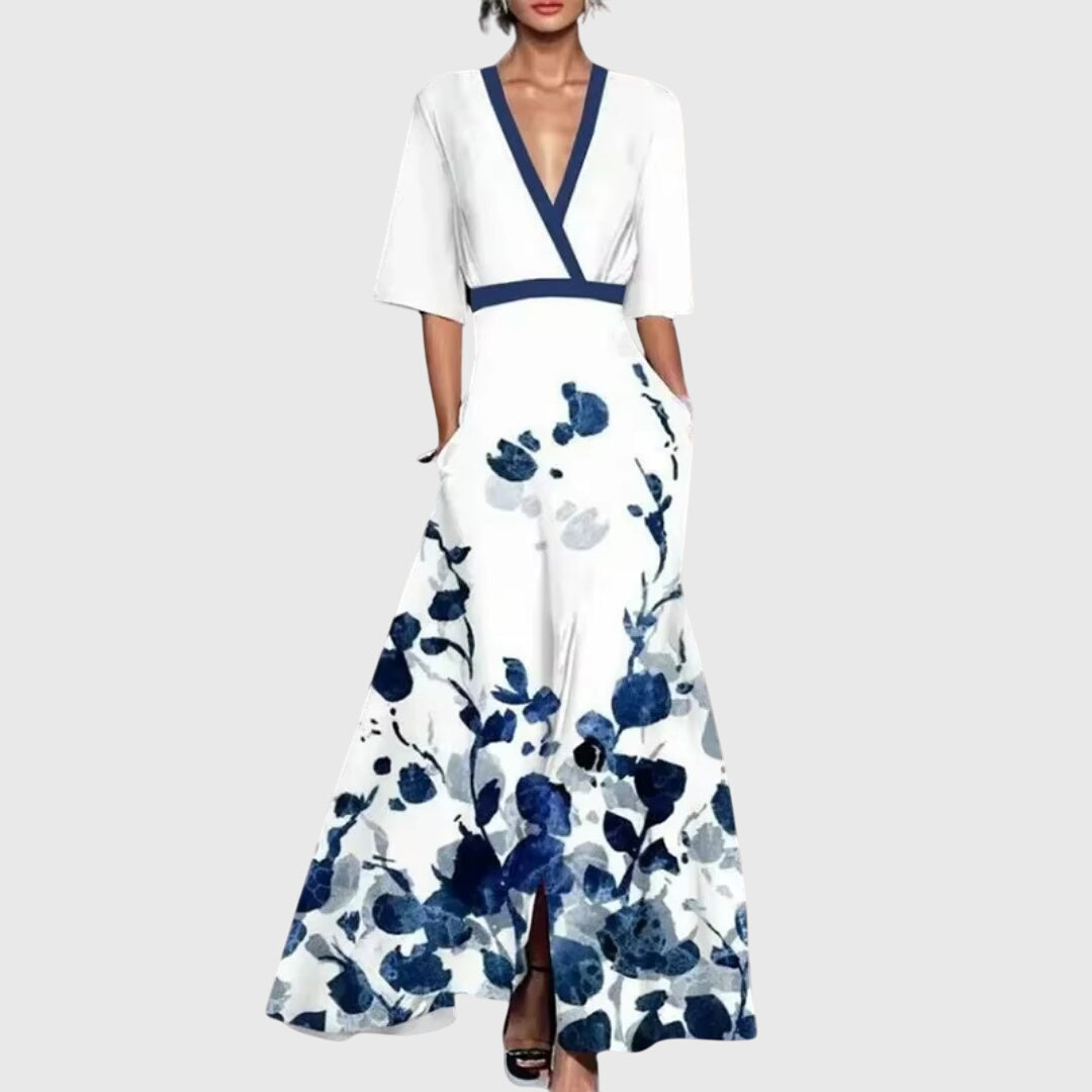 Elvira | Women's Floral Midi Dress, Round Neck, Short Sleeves