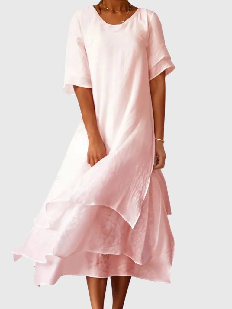 Minerva | Women's Midi Dress, Round Neck, Short Sleeves
