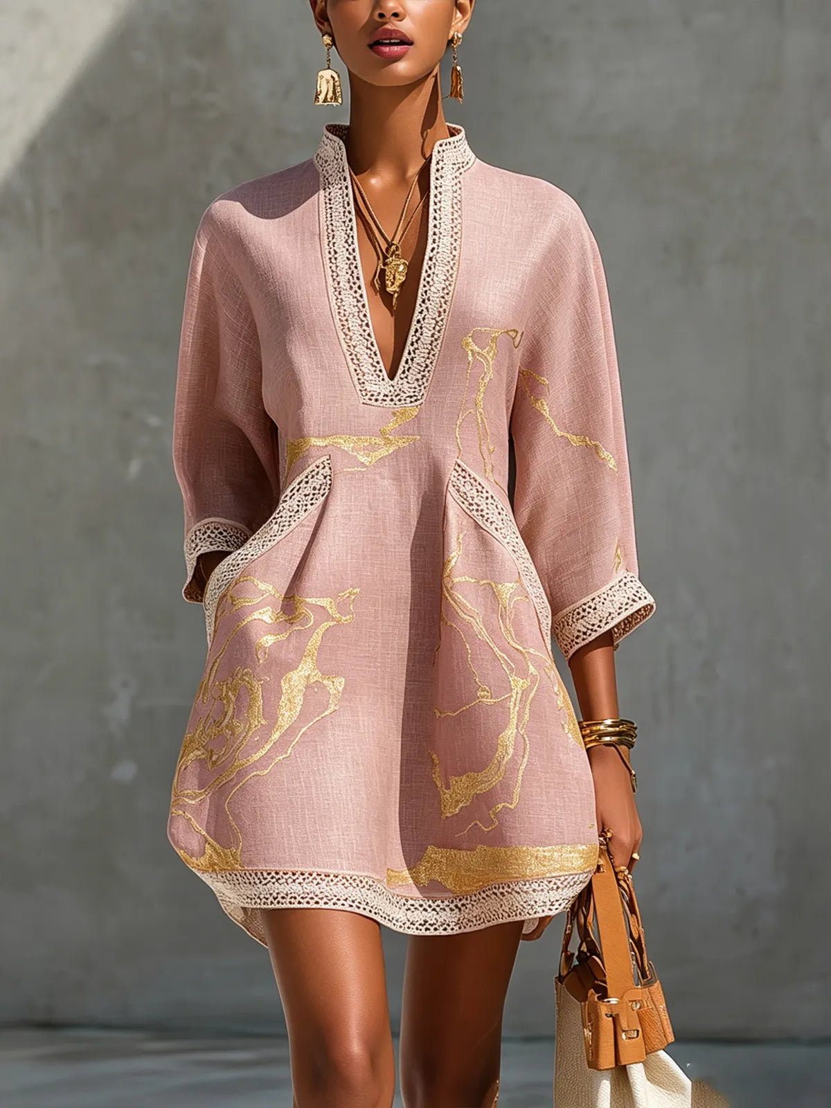 Drusilla | Women's Bohemian Mini Dress, V-Neck, Short Sleeves