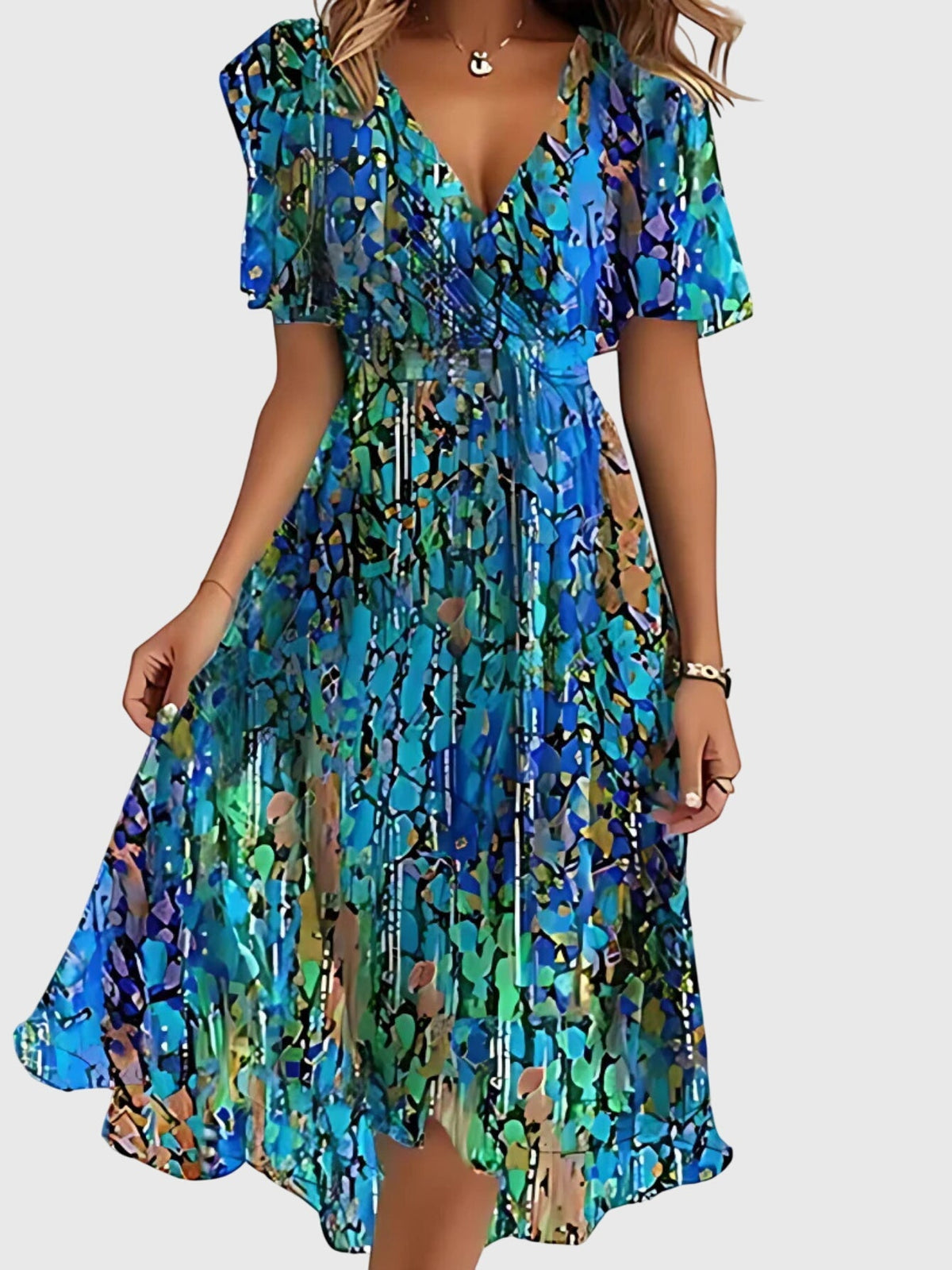 Lysandra | Women's Bohemian Relaxed Midi Dress, Round Neck, Short Sleeves