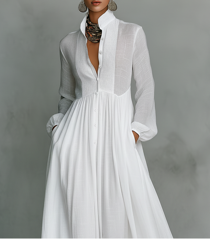 Saffron | Women's Shirt Maxi Dress, Round Neck, Short Sleeves