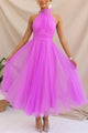 Blodwen | Women's Wedding Guest A-Line Midi Dress, Halter Neck, Short Sleeves