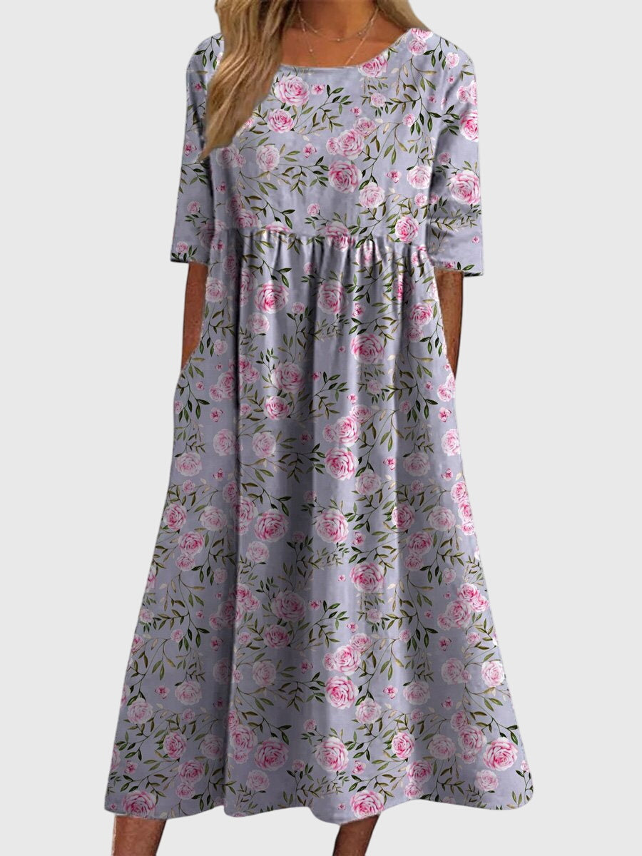 Gisela | Women's Embroidered Relaxed Midi Dress, Round Neck, Short Sleeves