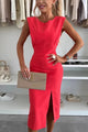 Women's Midi Dress, Round Neck, Sleeveless, Side Slit