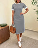 Ombeline | Women's Striped Colour-Block Midi Dress, Crew Neck, Short Sleeves