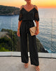 Zephyrie | Women's Cold-Shoulder Jumpsuit, Lace Panels, Chain Detail, Tapered Leg