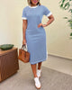 Ombeline | Women's Striped Colour-Block Midi Dress, Crew Neck, Short Sleeves