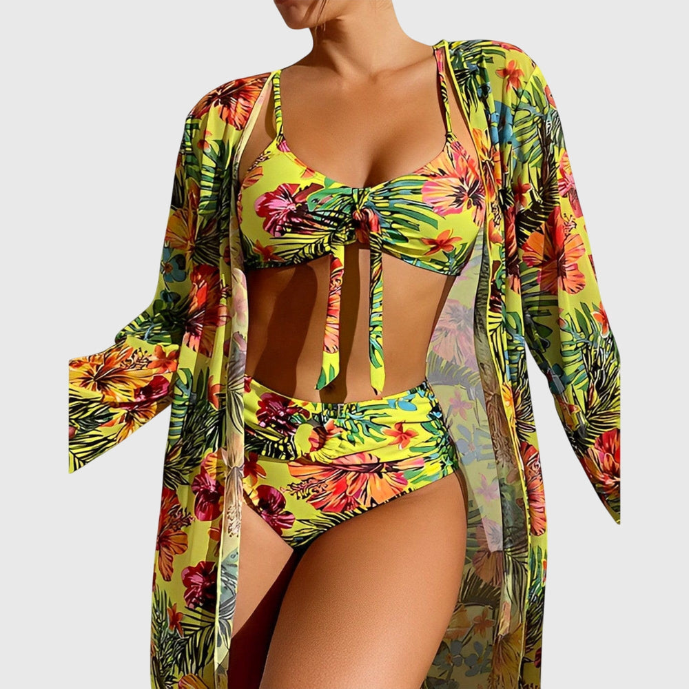 Women's multicolour floral three-piece bikini set with cover-up