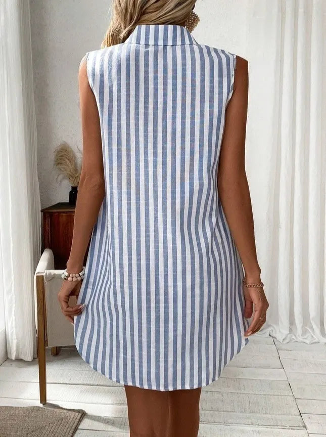 Marcella | Women's Striped Shirt Midi Dress, Collared, Short Sleeves