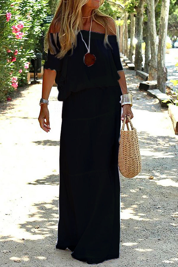 Women's Off-Shoulder Maxi Dress, Round Neck, Short Sleeves