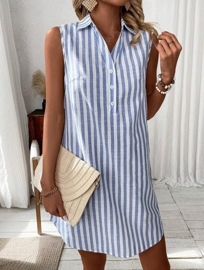 Marcella | Women's Striped Shirt Midi Dress, Collared, Short Sleeves
