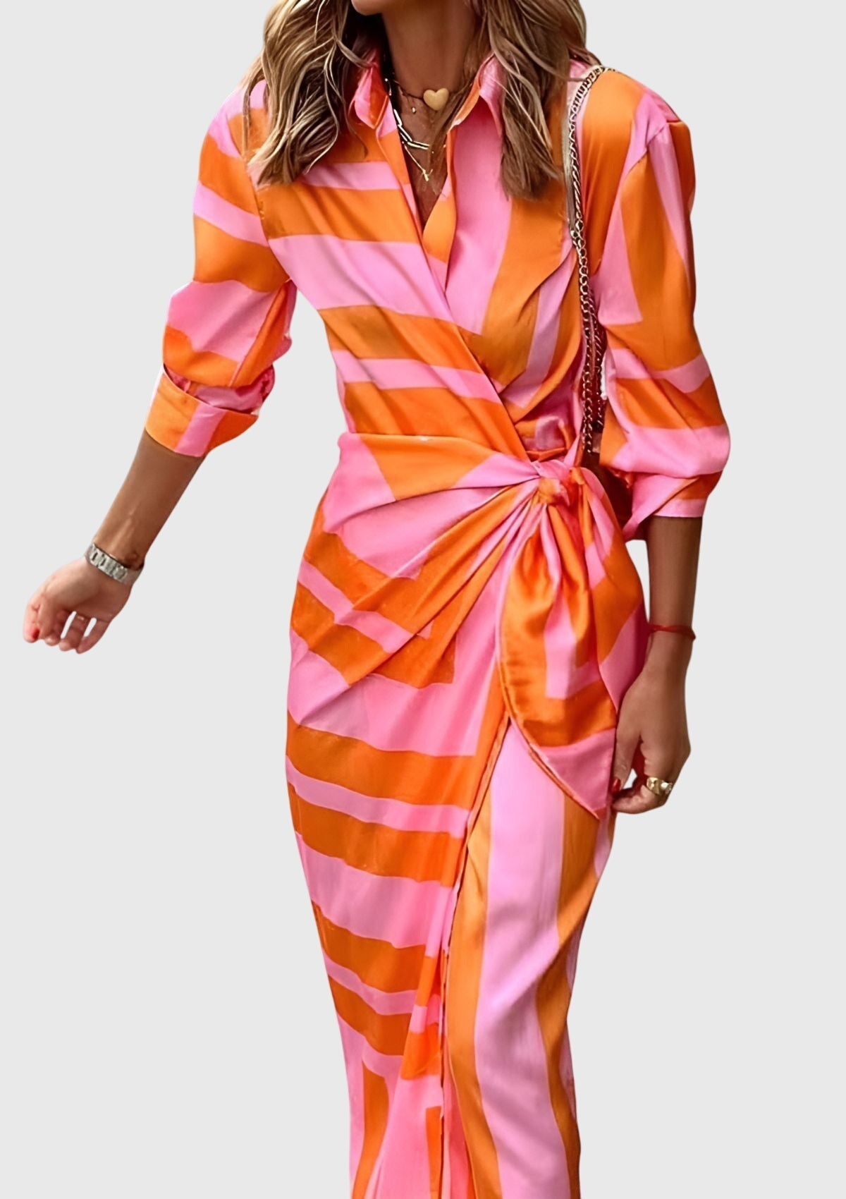 Hedwig | Women's Printed Wrap Midi Dress, Collared, Short Sleeves
