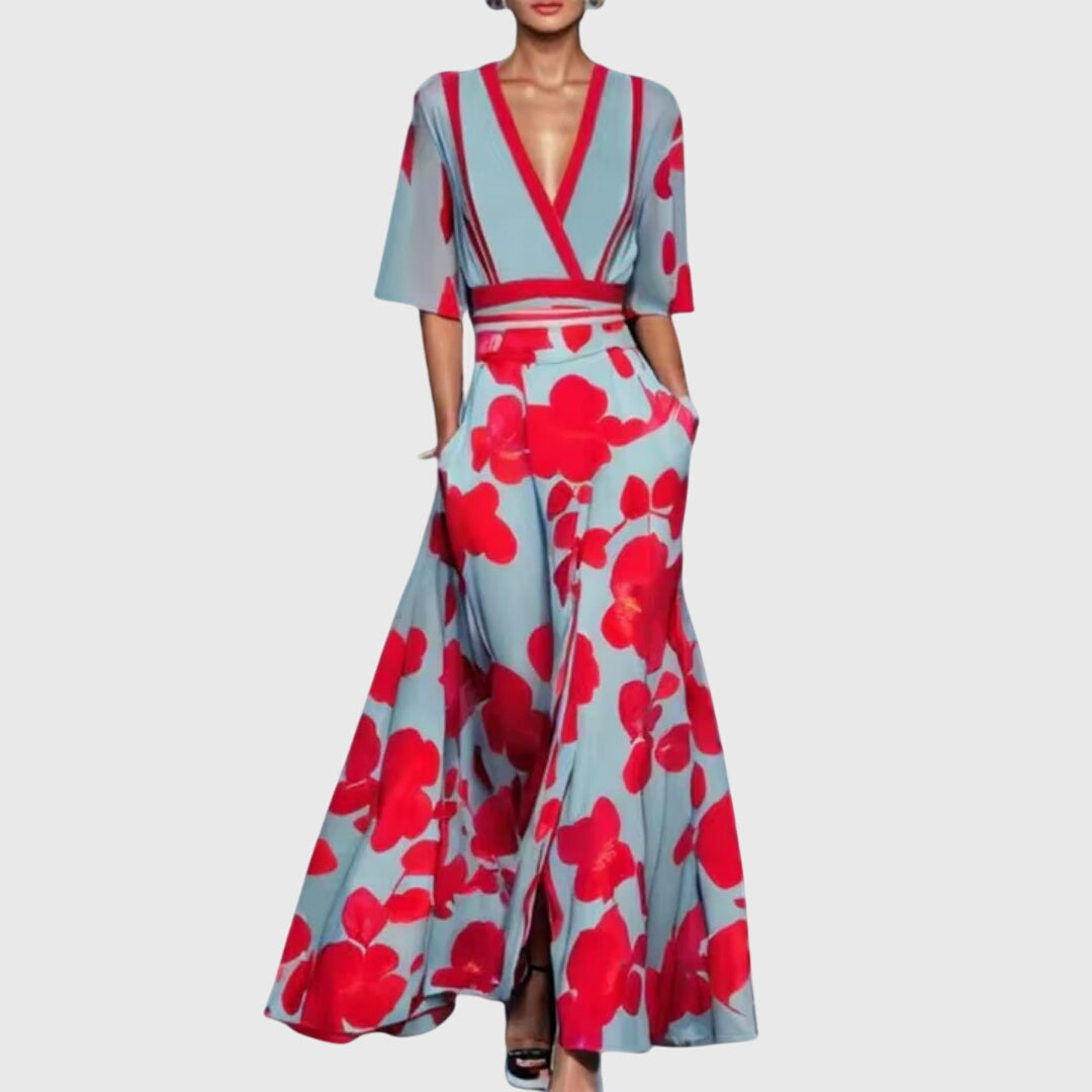 Elvira | Women's Floral Midi Dress, Round Neck, Short Sleeves
