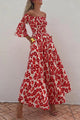 Women's Off-Shoulder Floral Maxi Dress, Round Neck, Short Sleeves, Pockets