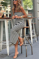 Women's Striped Maxi Dress, Round Neck, Sleeveless, Side Slit