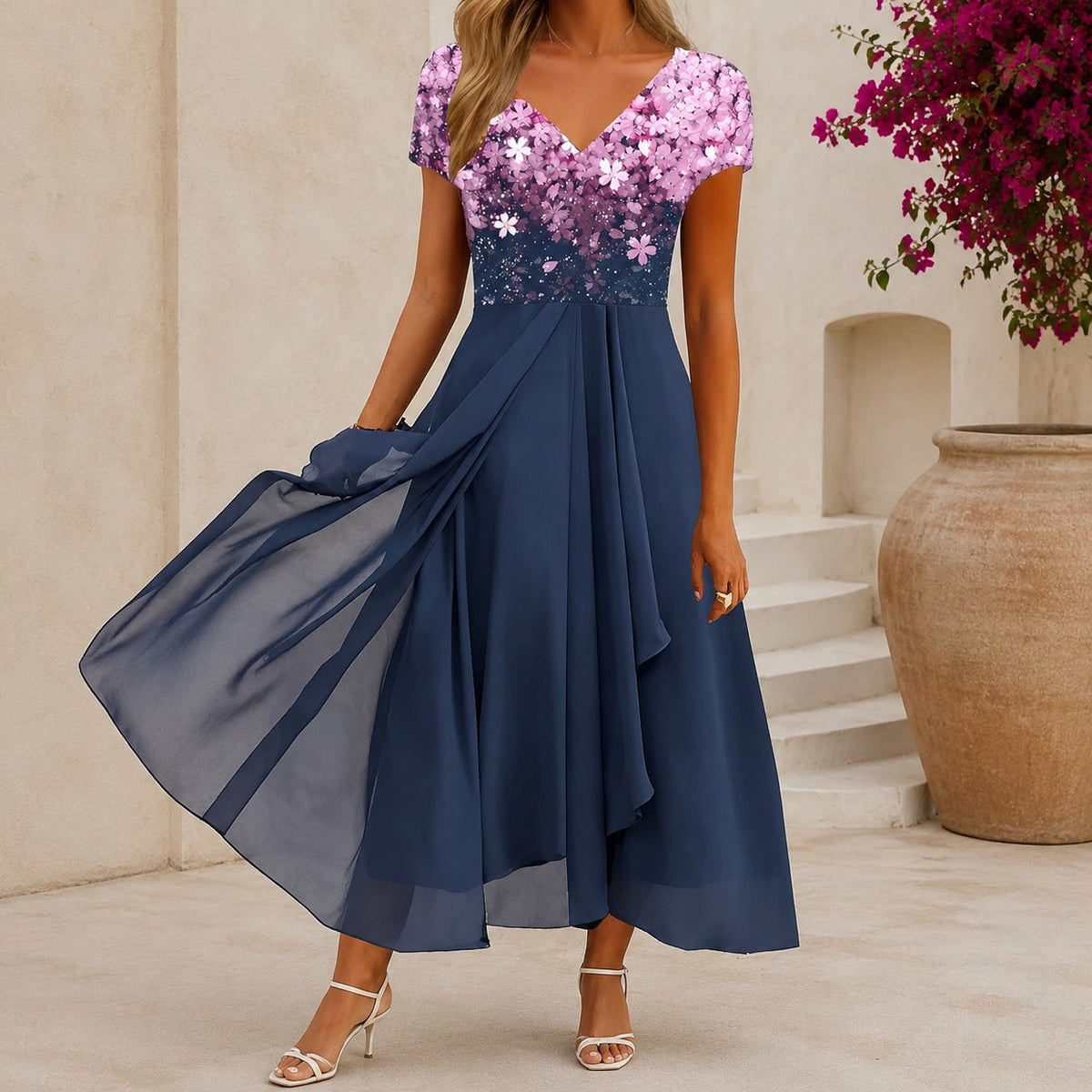 Women's floral V-neck midi cocktail dress with short sleeves