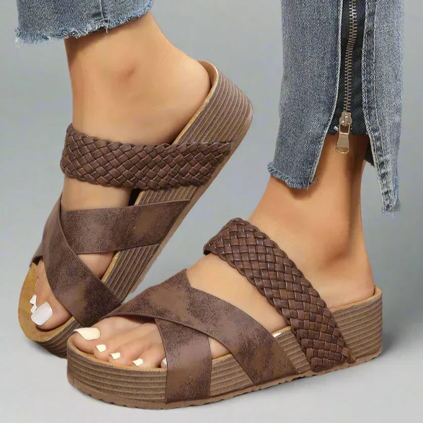 Women's open-toe wedge sandals with braided and cross-over straps