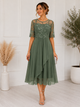 Daphnee | Women's Lace Midi Dress, Round Neck, Short Sleeves, Chiffon Skirt