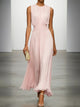 Women's sleeveless ruched waist maxi dress with gathered bodice and flowing ruffled hem