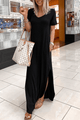 Women's Midi Dress, Round Neck, Short Sleeves, Side Slit
