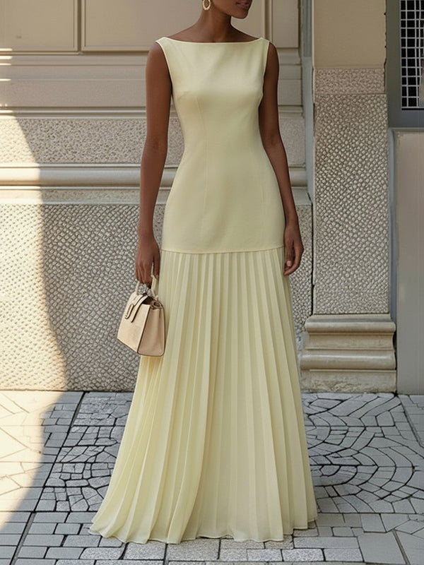 Sleeveless boat-neck maxi dress with fitted bodice and pleated skirt