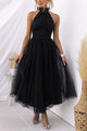 Blodwen | Women's Wedding Guest A-Line Midi Dress, Halter Neck, Short Sleeves