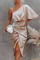 Women's One-Shoulder Midi Dress, Round Neck, Short Sleeves